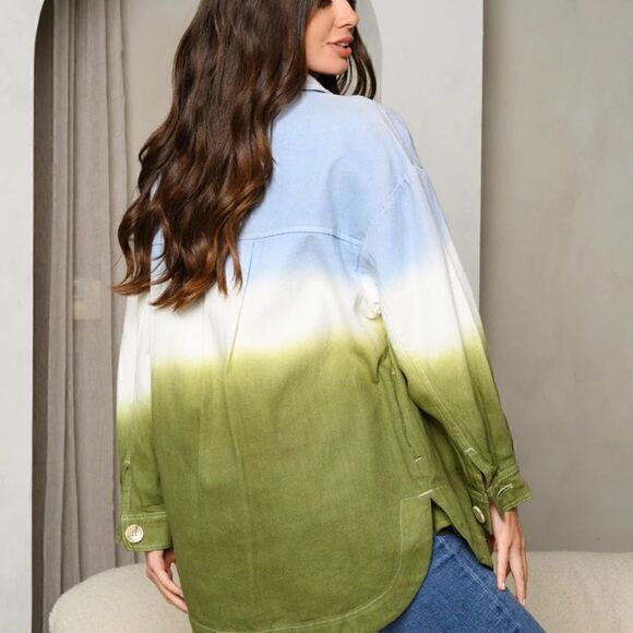 NEW! Boho Women's Long Sleeve Button Front Tie Dye Cotton Denim Shacket Shirt - Picture 3 of 3